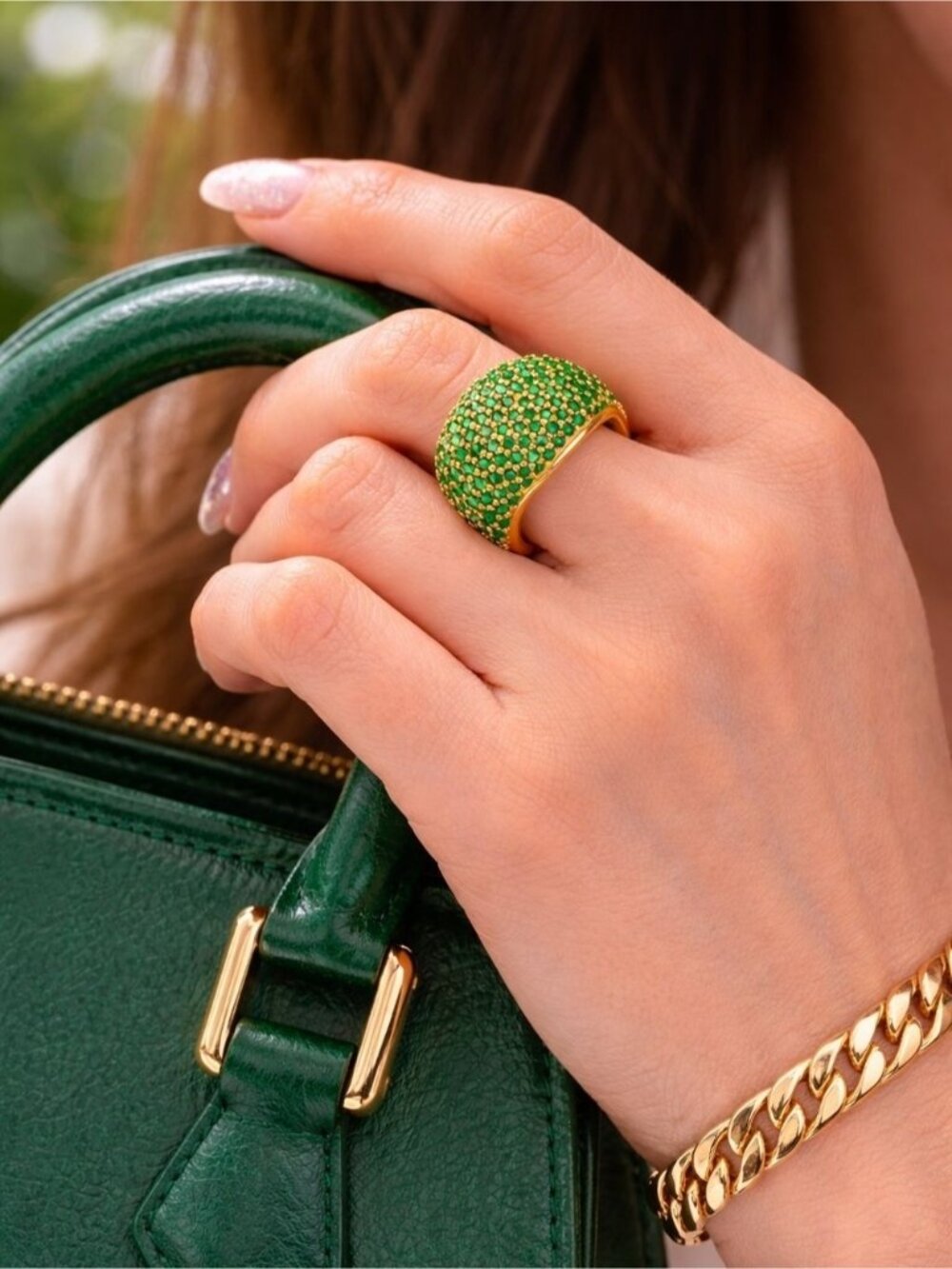 Gold Dome Ring with Emerald Green Pavé